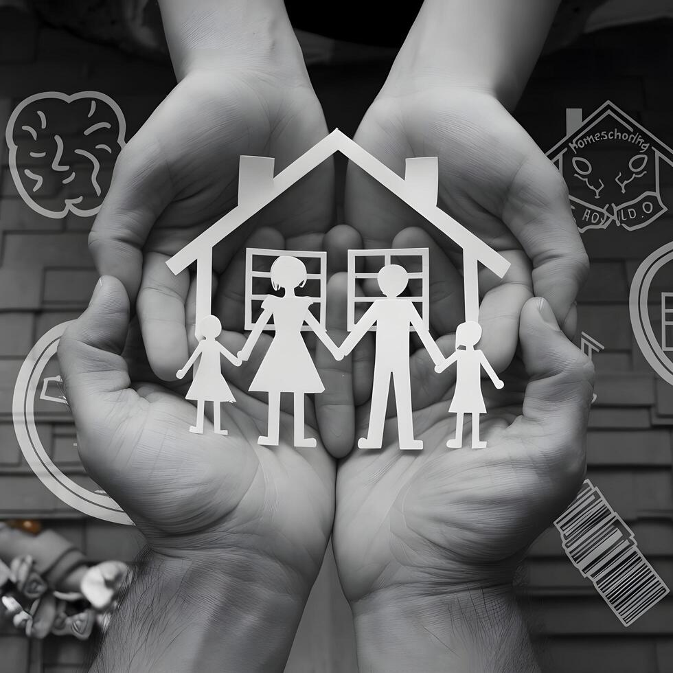 Two hands holding a paper cutout of a family and house photo