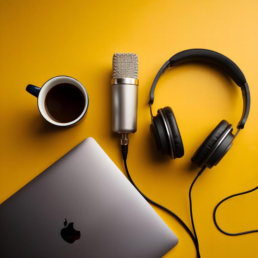A laptop, headphones and a cup of coffee on a yellow background photo