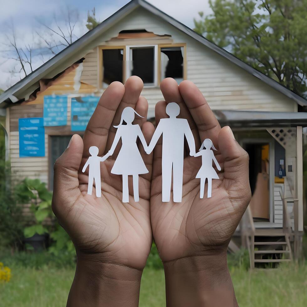 A family of four is shown in front of a house with a torn down roof photo