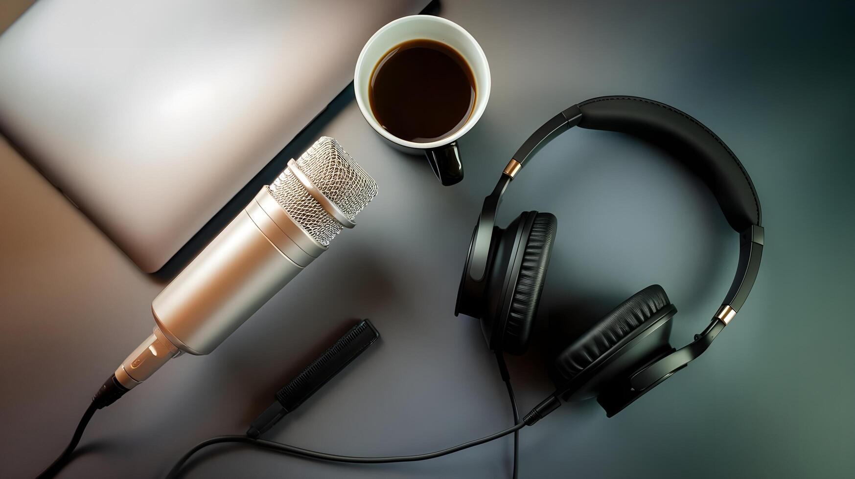 A microphone, headphones and a laptop are on a table photo