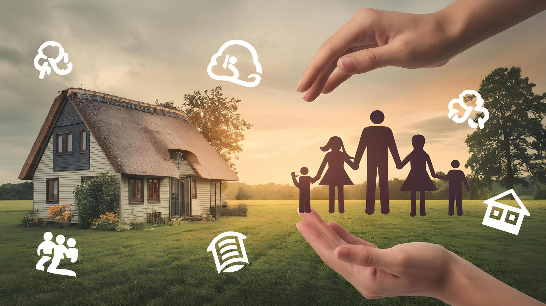 Family home with icons of family and home on field photo