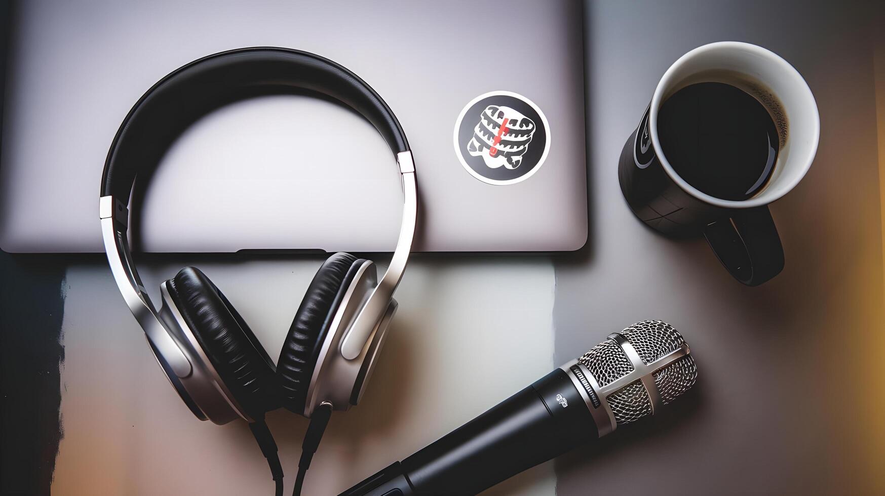 A laptop, headphones and a coffee cup are on a table photo