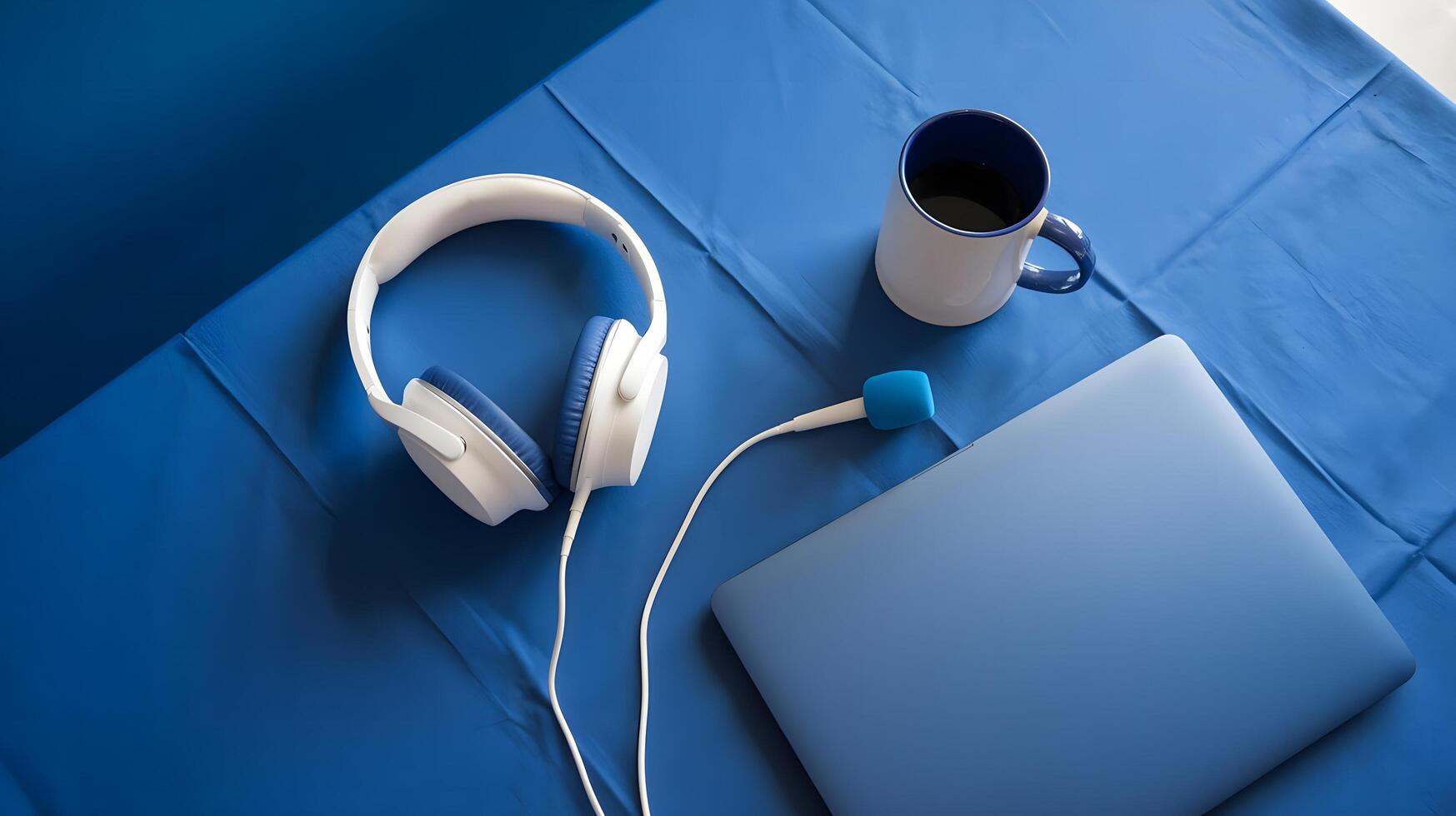 A blue table with headphones, a laptop and a cup photo
