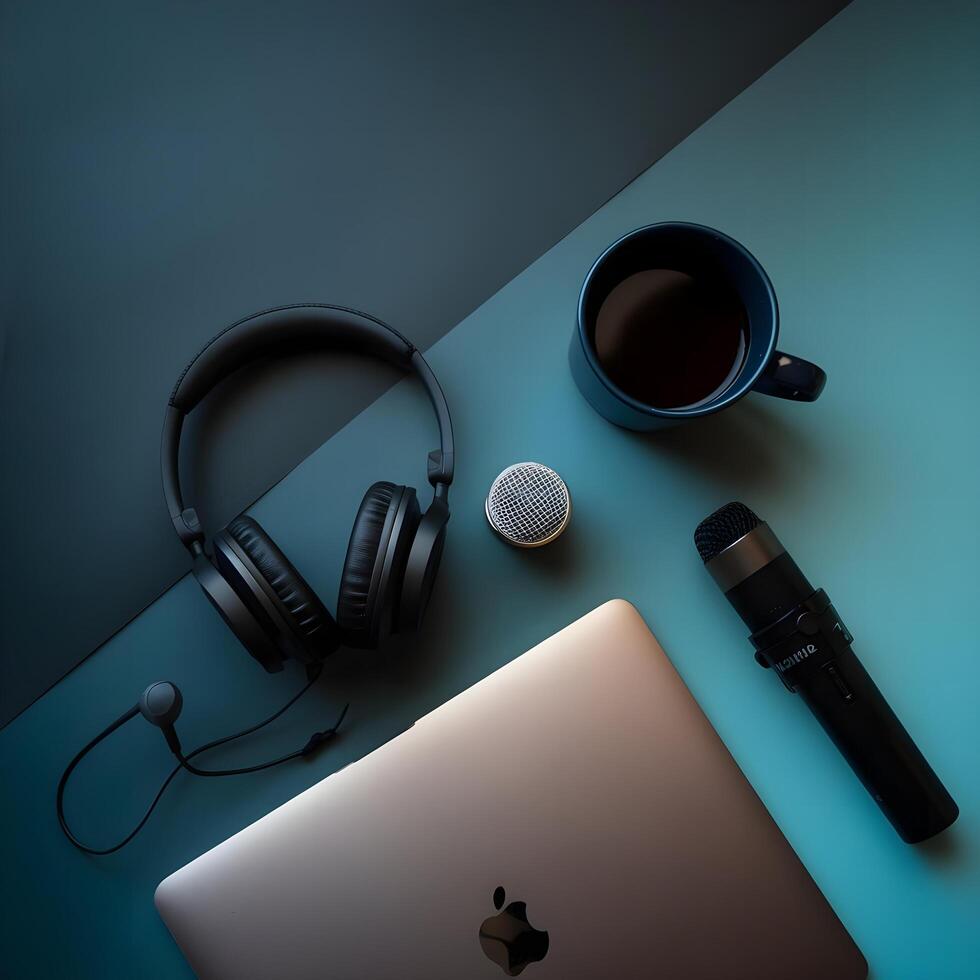 A laptop, headphones and microphone on a blue table photo