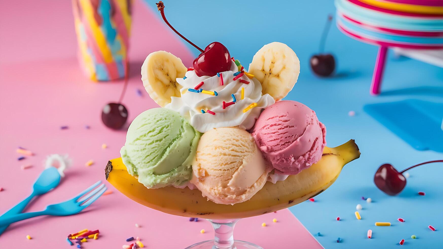 Banana split ice cream photo