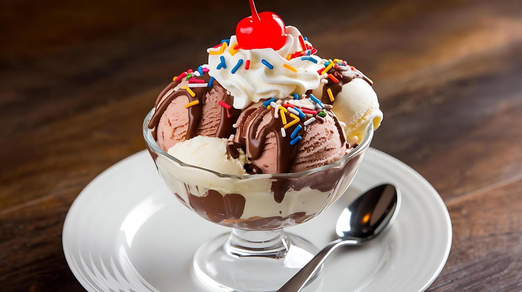 A sundae with chocolate, whipped cream and sprinkles photo