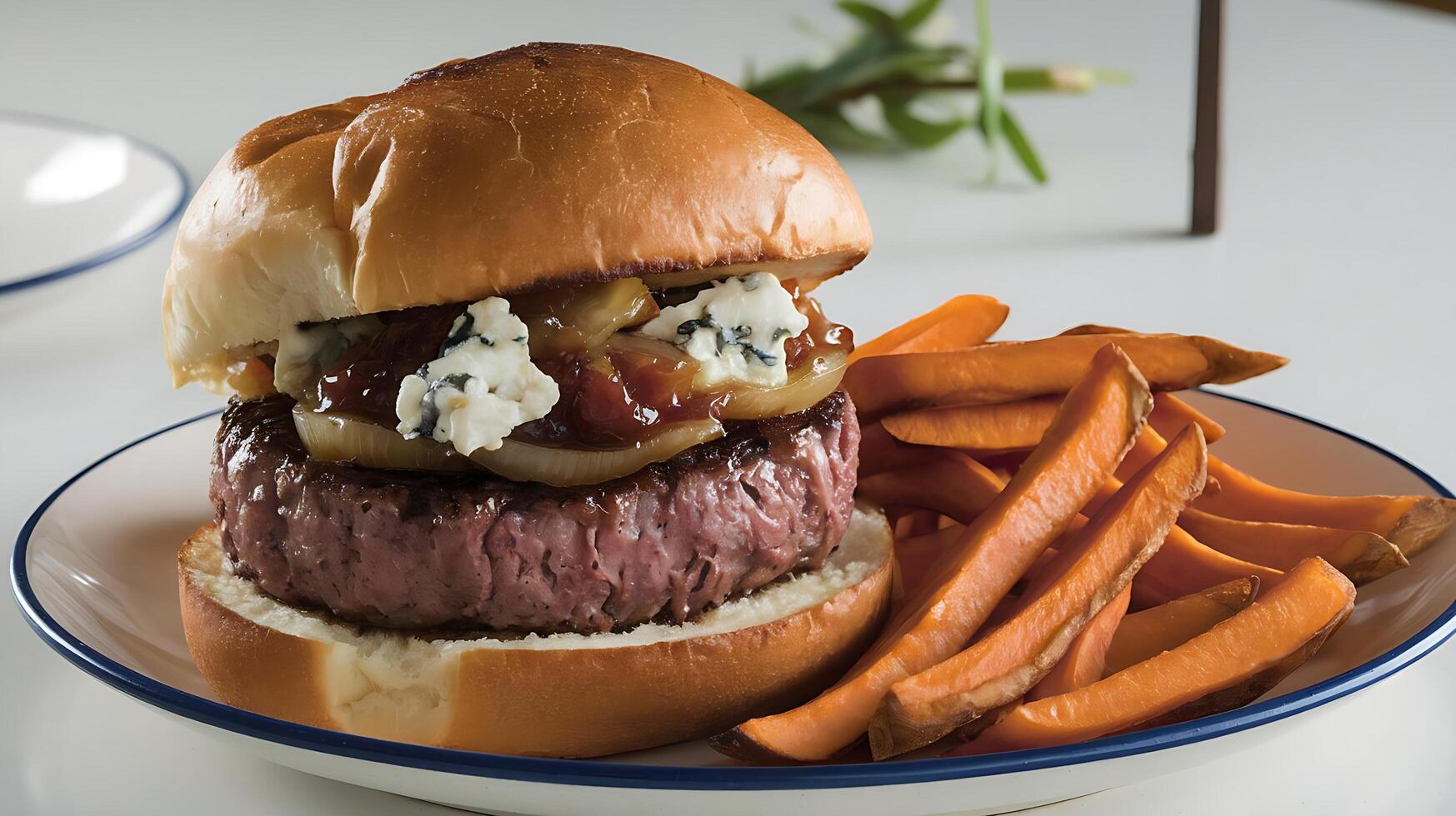 A plate with a burger and fries on it photo