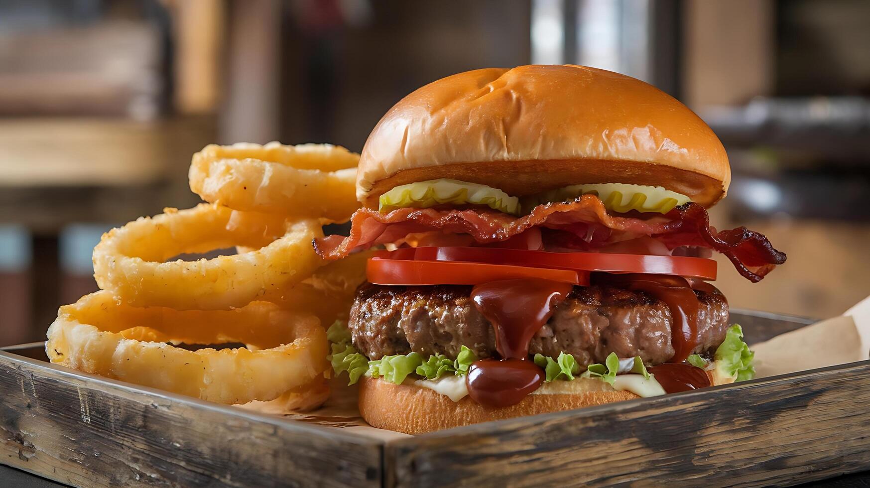 A hamburger with bacon, onion rings and a bun photo