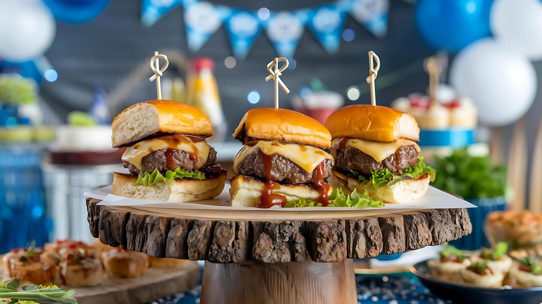 A table topped with hamburgers and other food photo