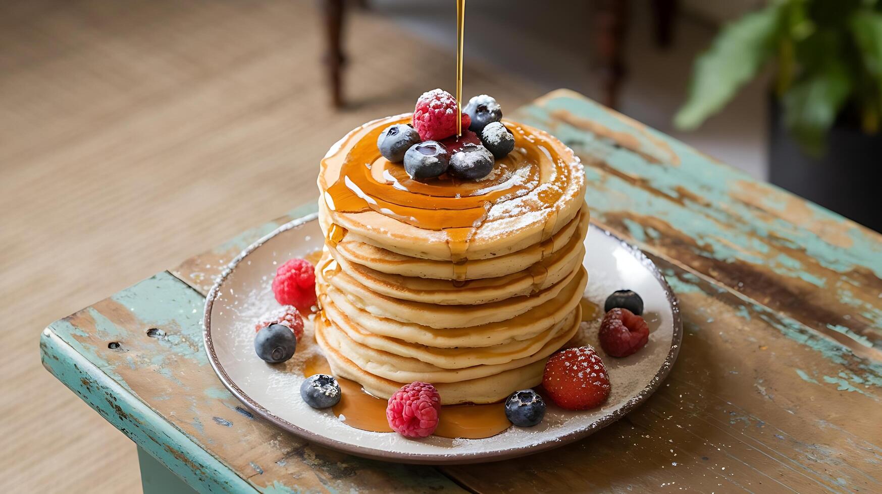 A stack of pancakes with syrup and berries on top photo