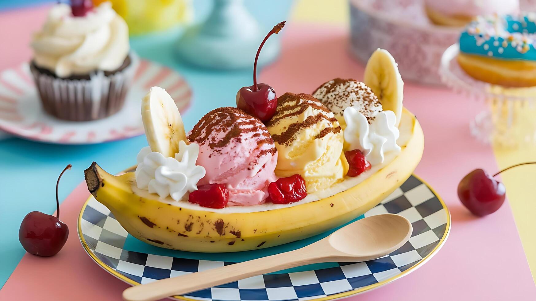 A banana split with ice cream and cherries photo