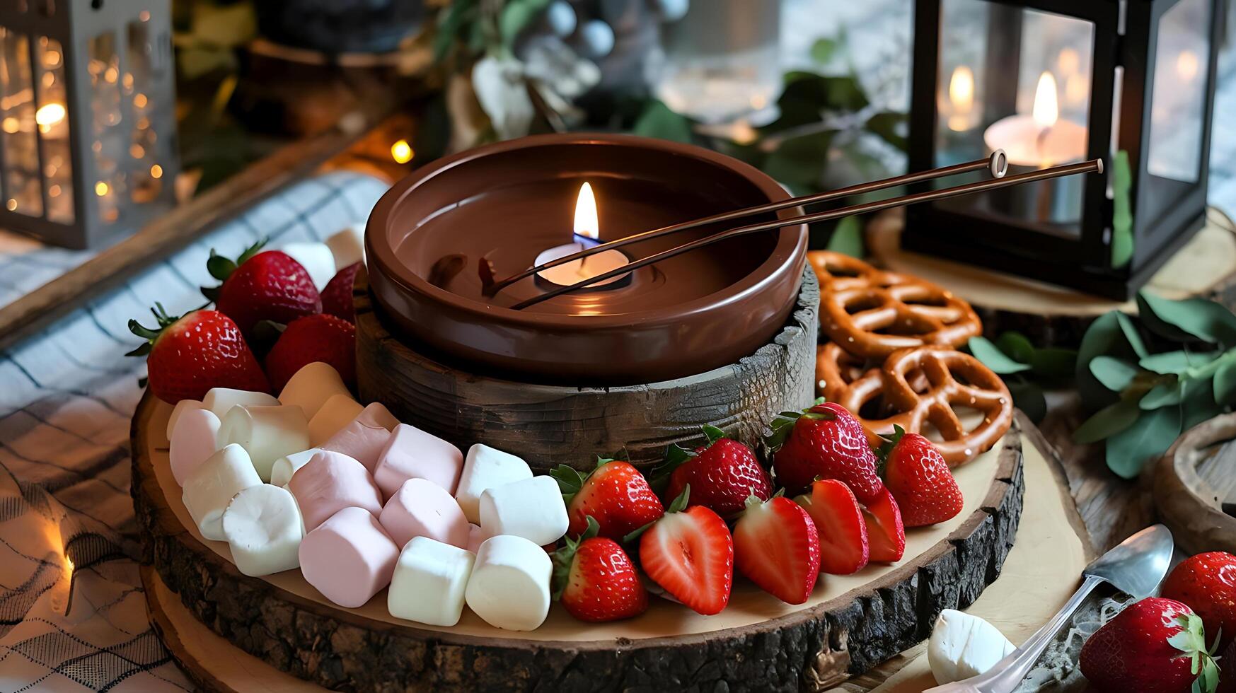 A chocolate fondue with strawberries and marshmallows photo