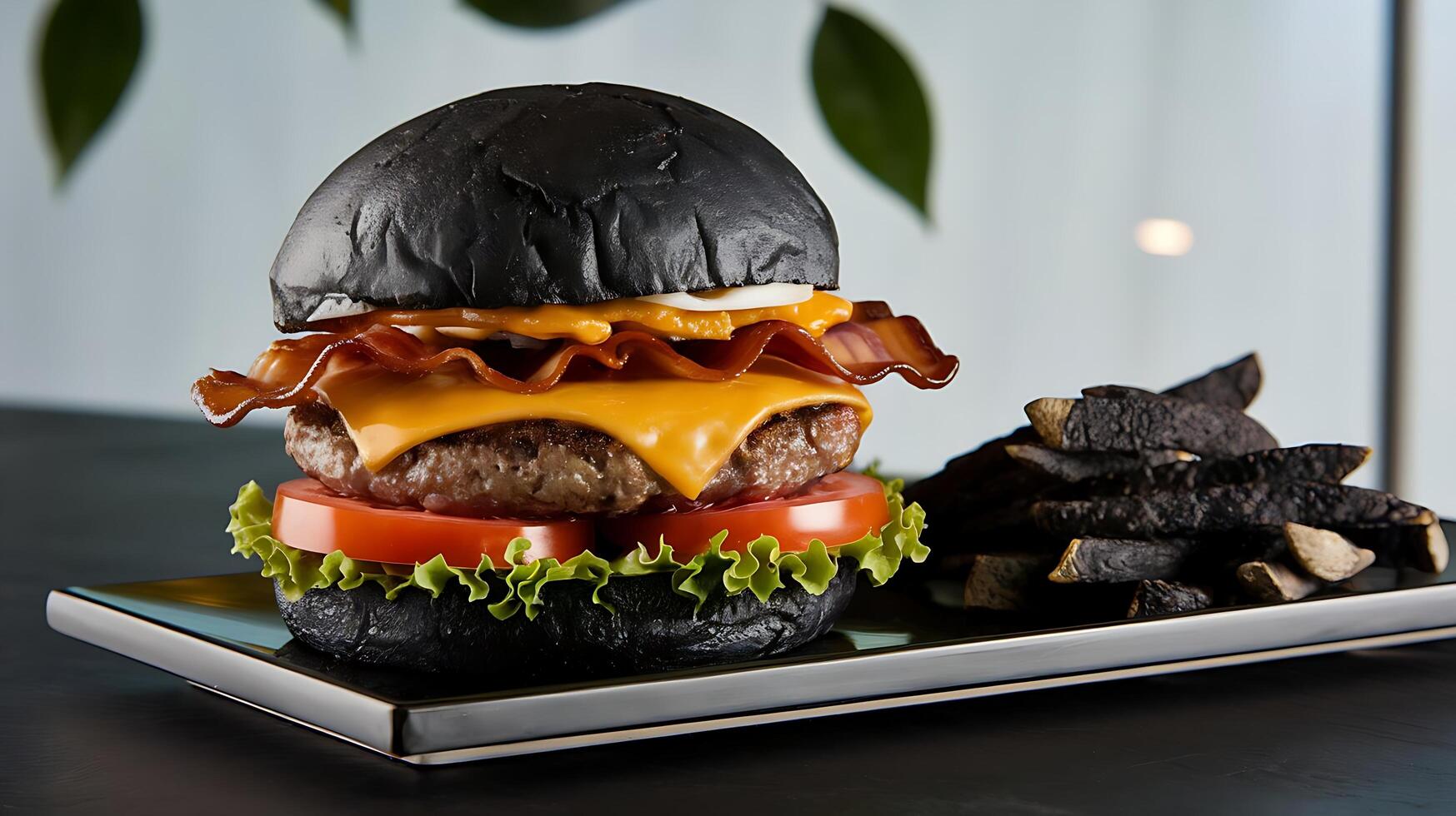A black burger with cheese, bacon and lettuce photo
