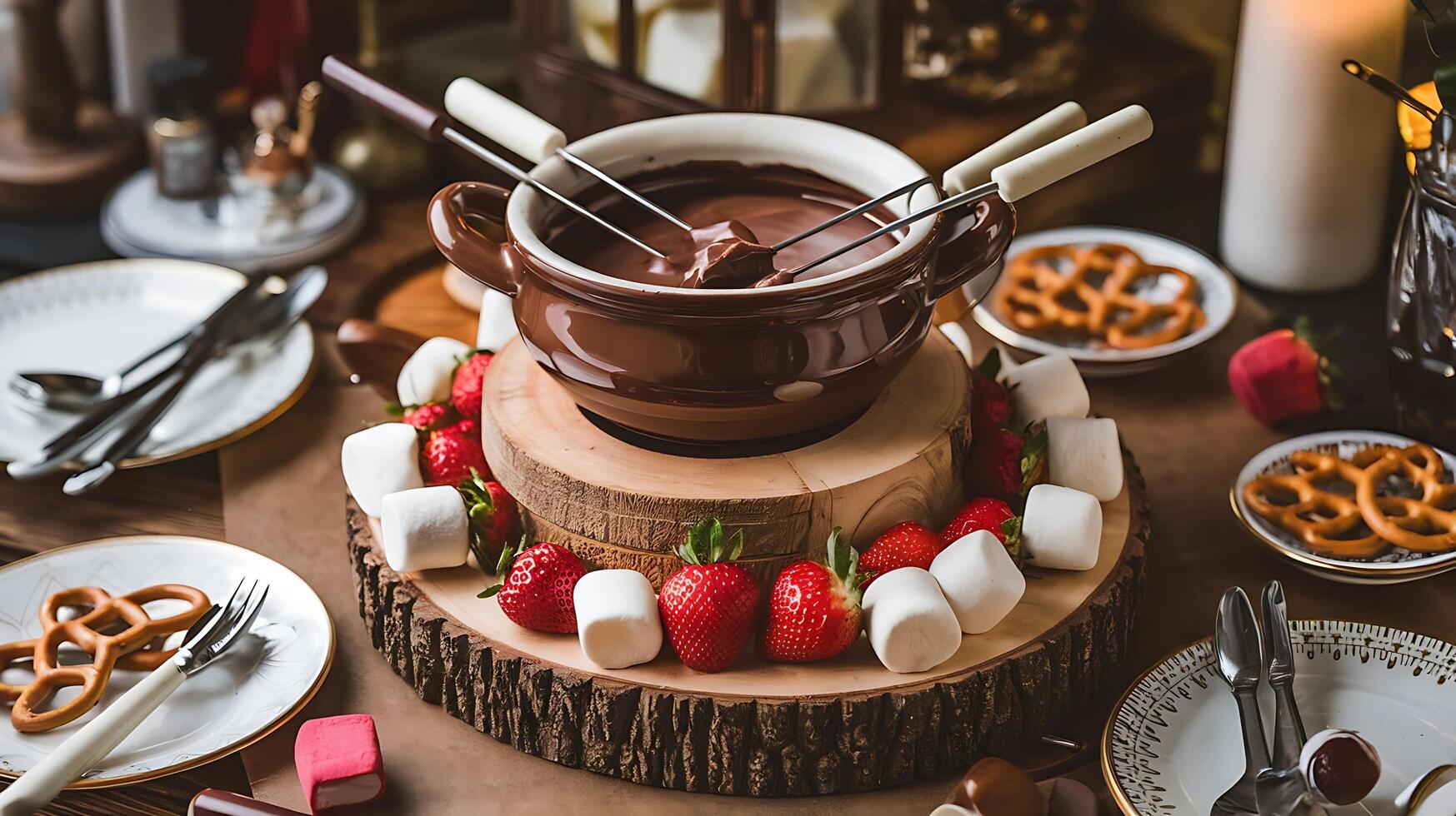 A fondue table with strawberries, chocolate and other food photo