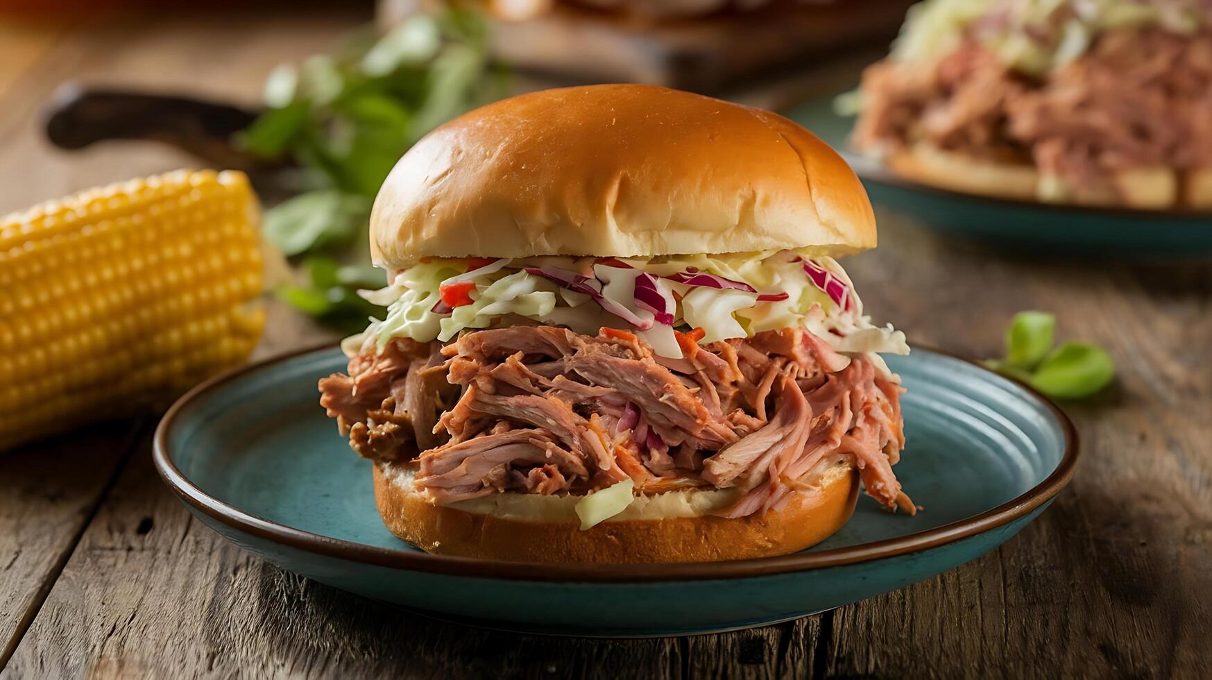 Pulled pork sandwiches on a plate with corn and a corn cob photo