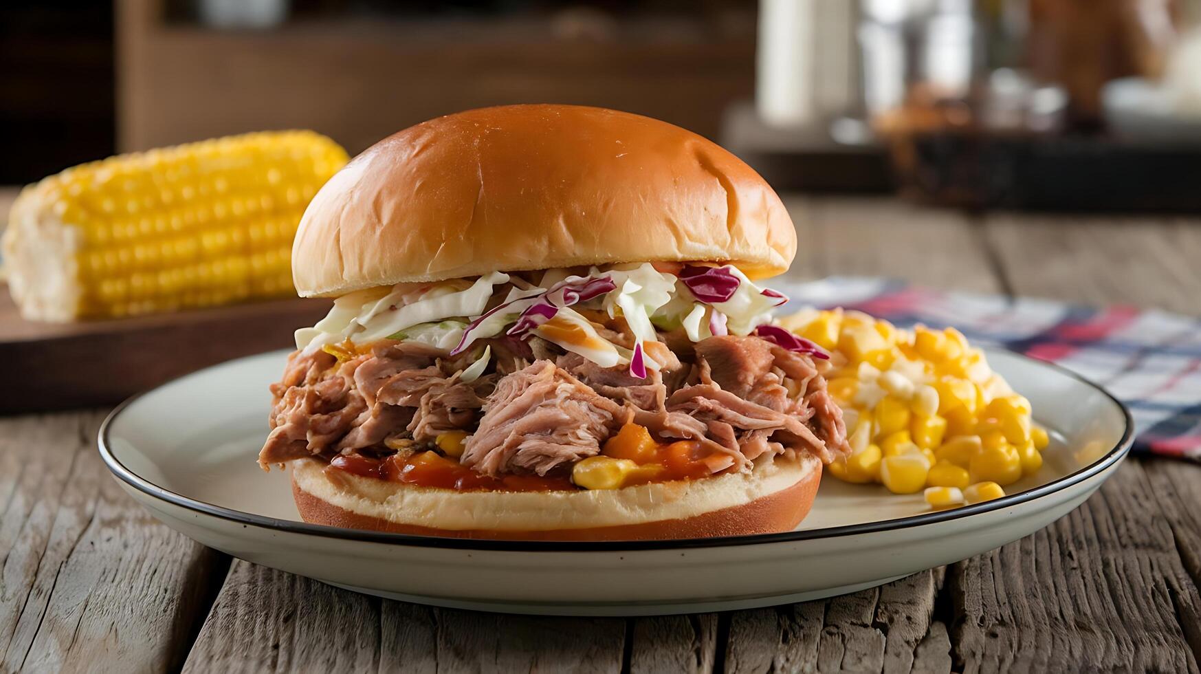 A pulled pork sandwich with corn and coleslaw on a plate photo