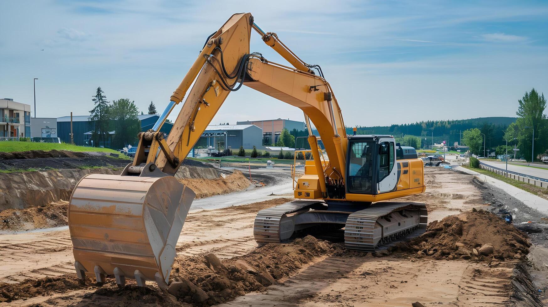 A large excavator is digging up dirt photo