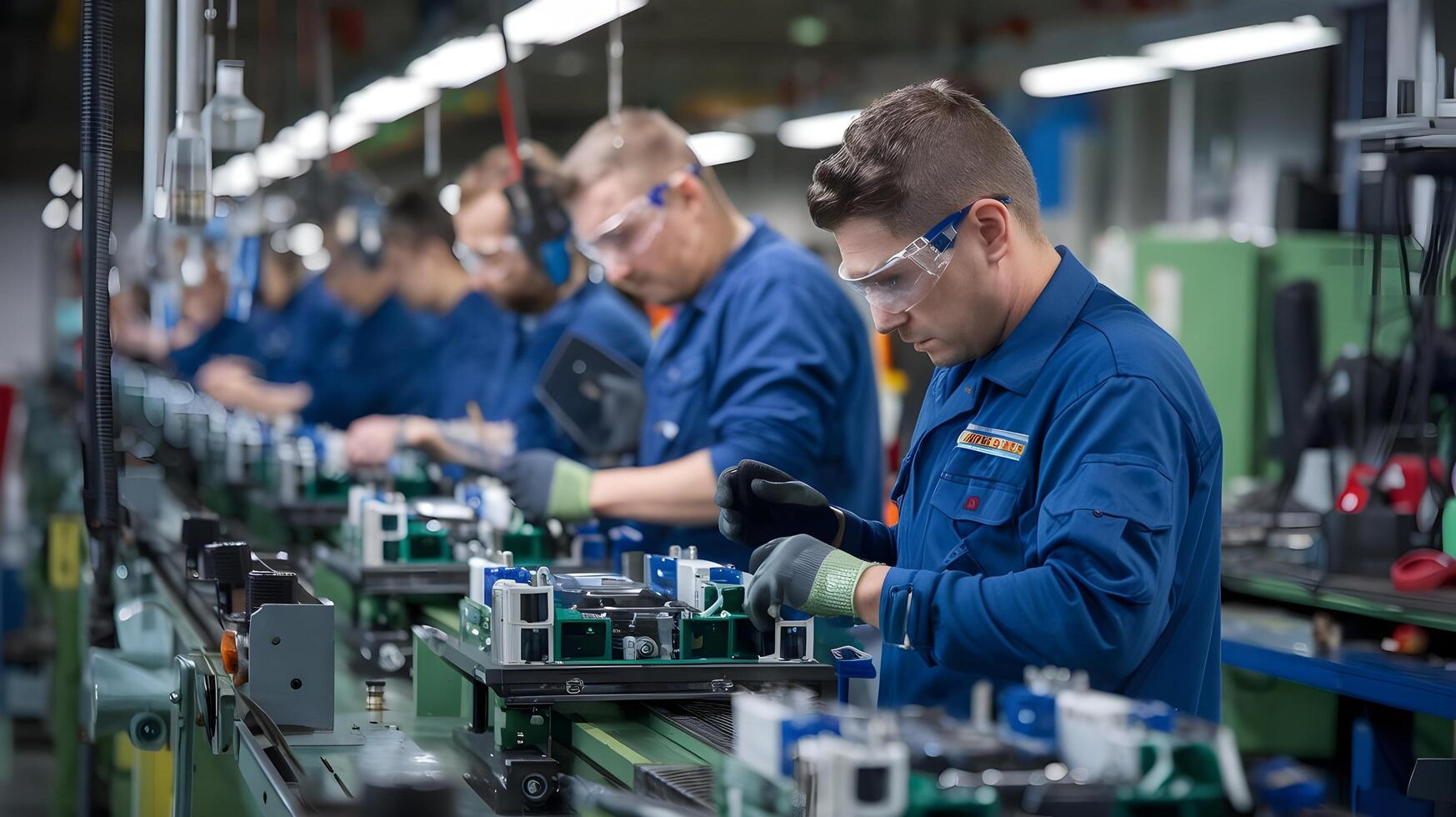 Workers in blue uniforms working on machines photo