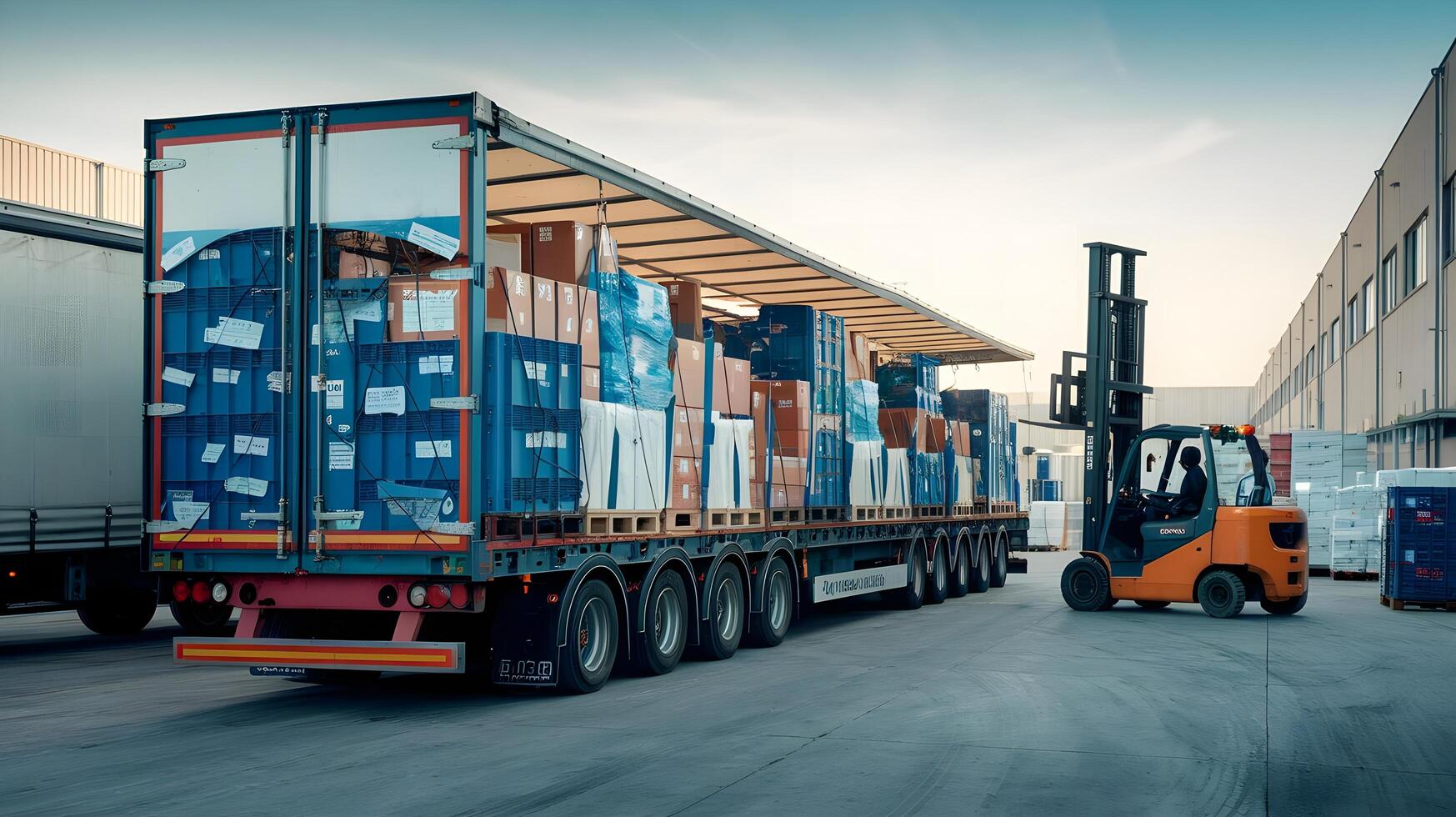 A forklift truck is parked next to a large truck photo