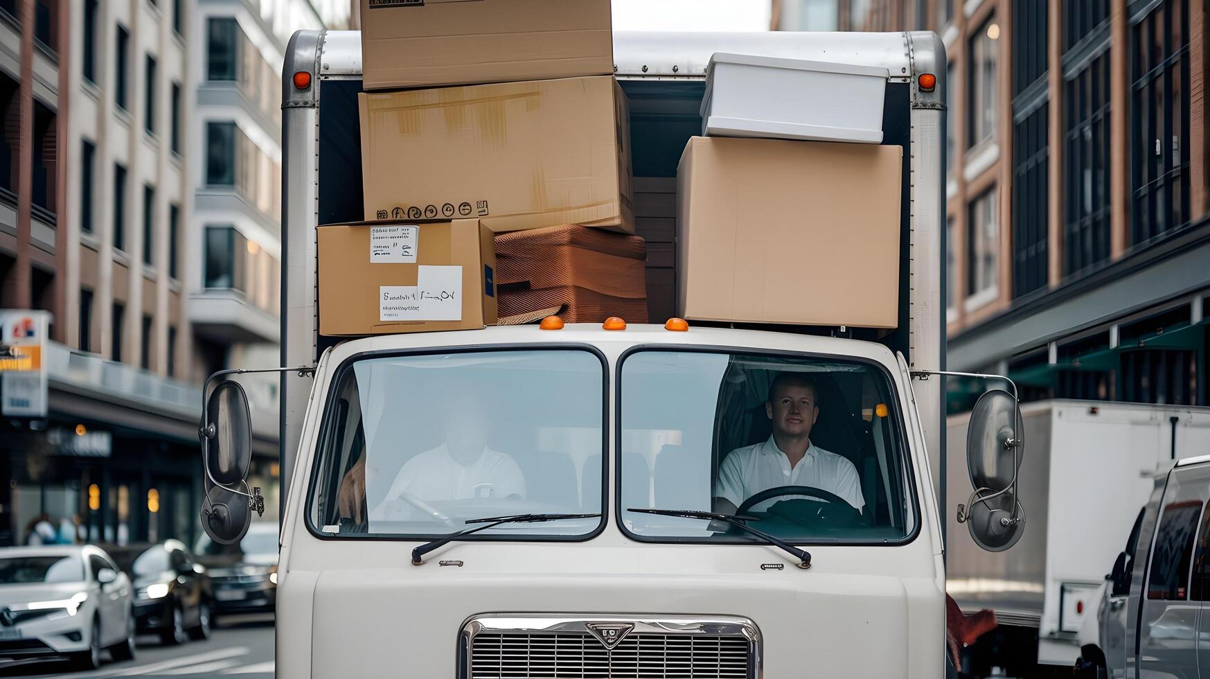 A man driving a truck with boxes on the back photo