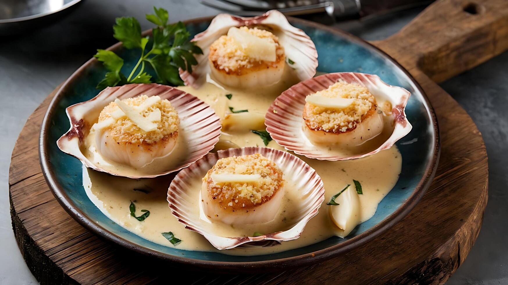 Three scallops in a sauce on a plate photo