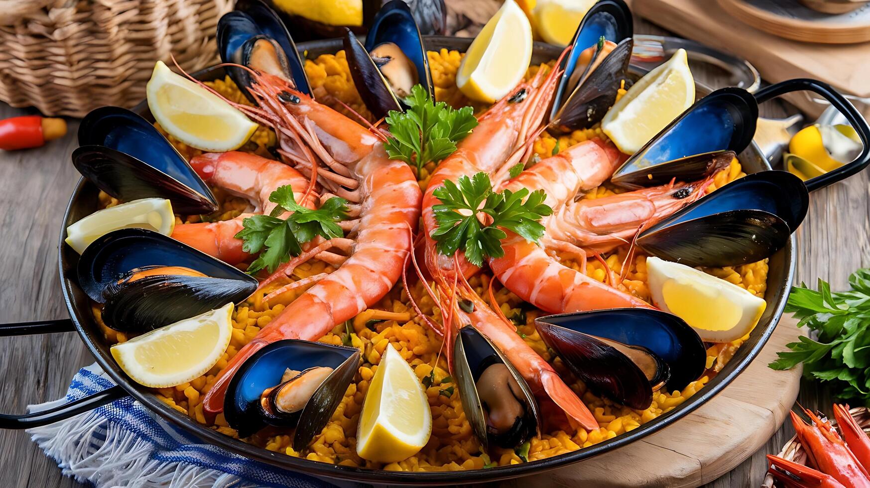 Paella with seafood and rice in a pan photo