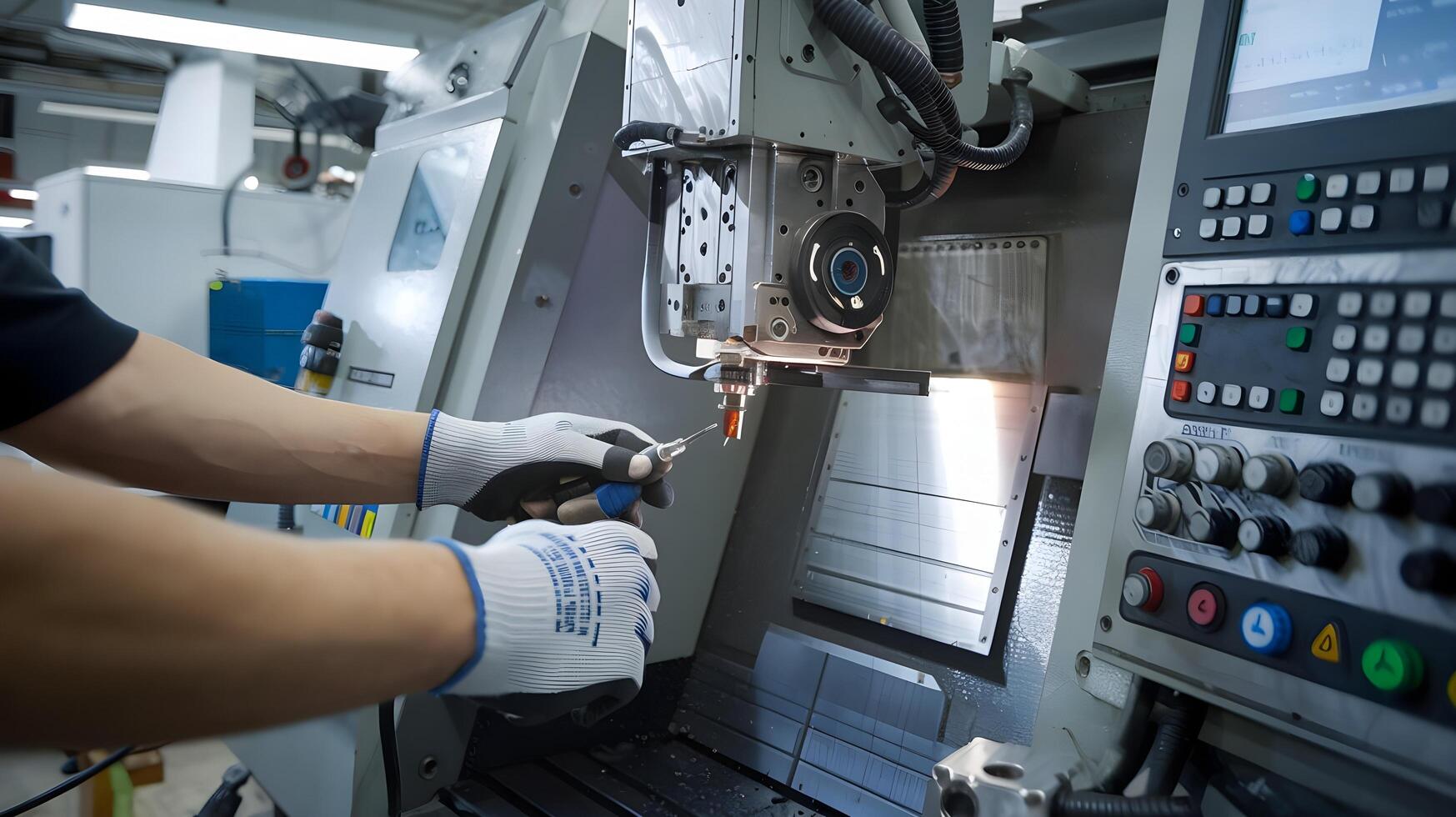 A person working on a machine in a factory photo