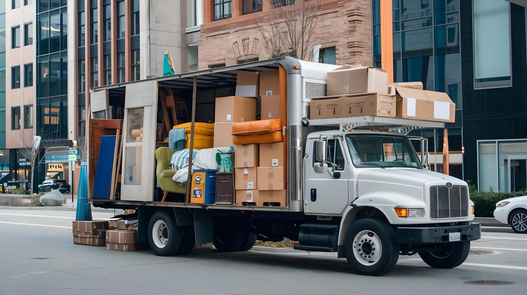 A moving truck is driving down the street with boxes on the back photo