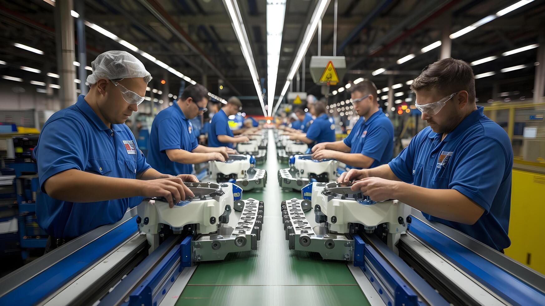 Workers at a factory working on machines photo