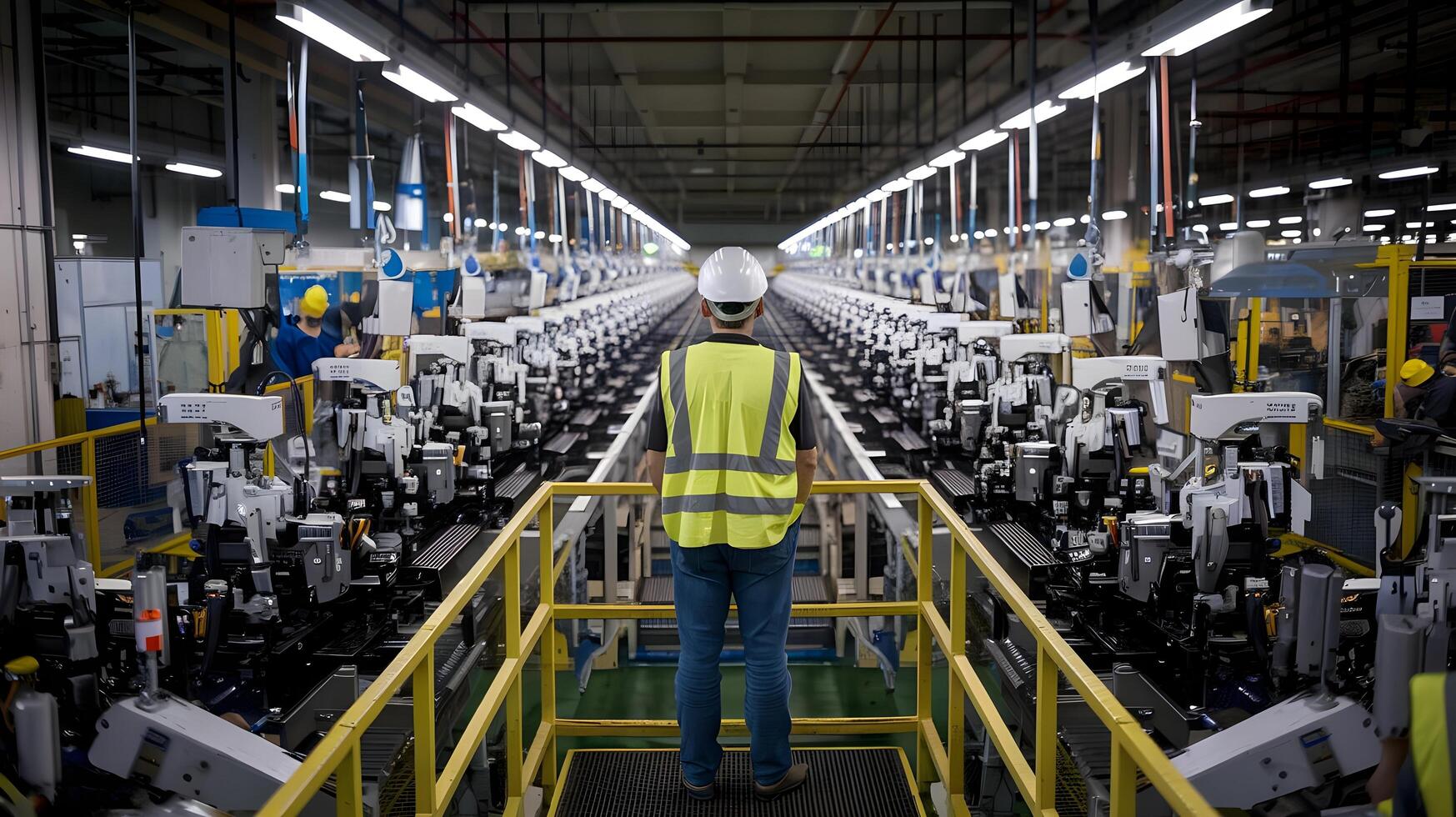 A worker in a factory looking at machines photo