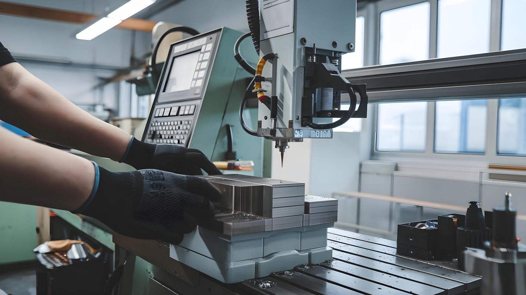 A person working on a machine in a factory photo