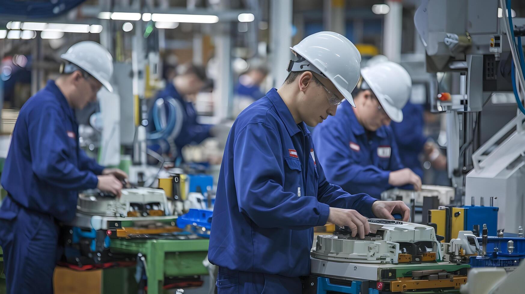 Workers in blue uniforms working on machines photo