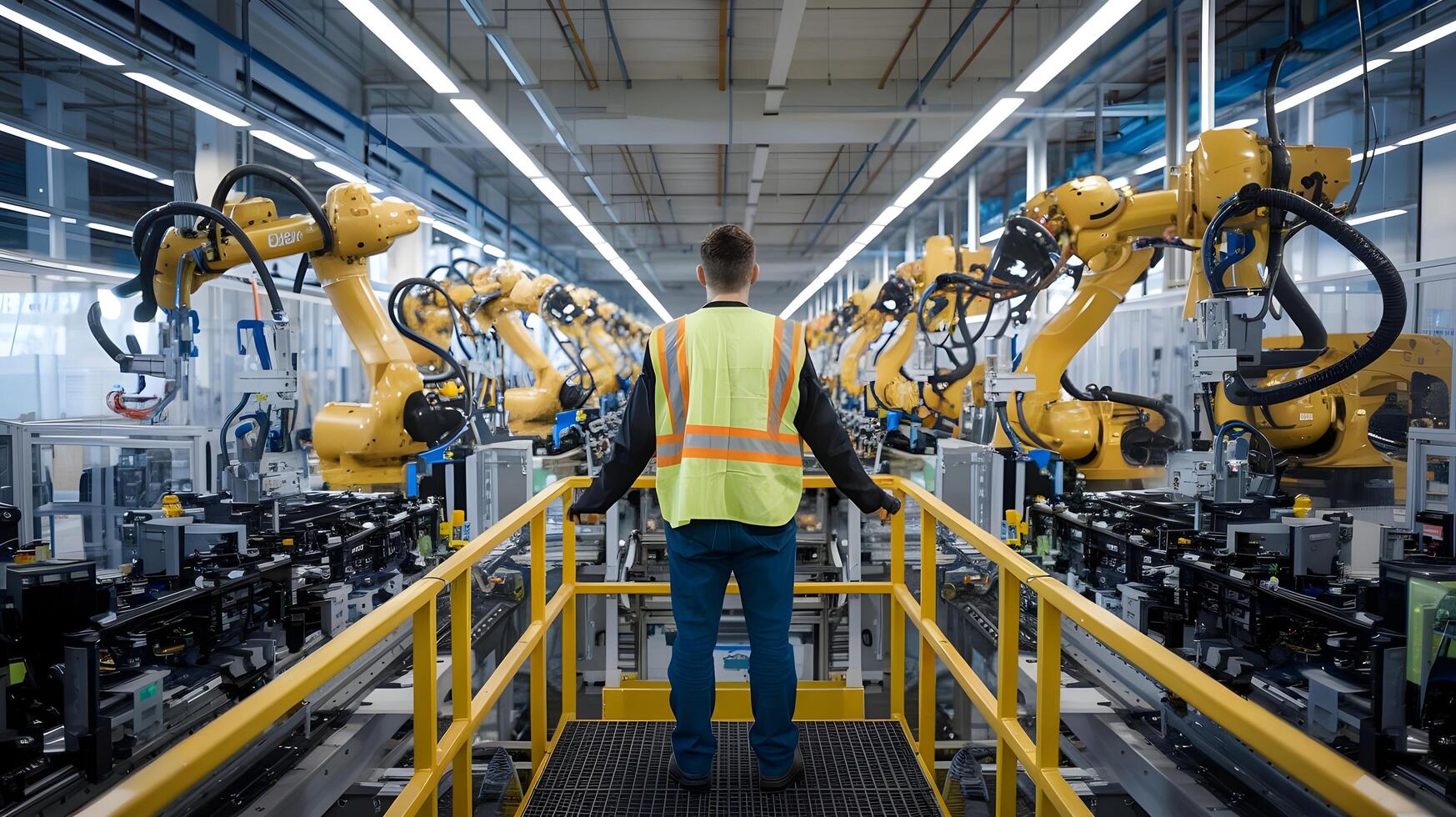 A man standing in front of a factory with robotic arms photo