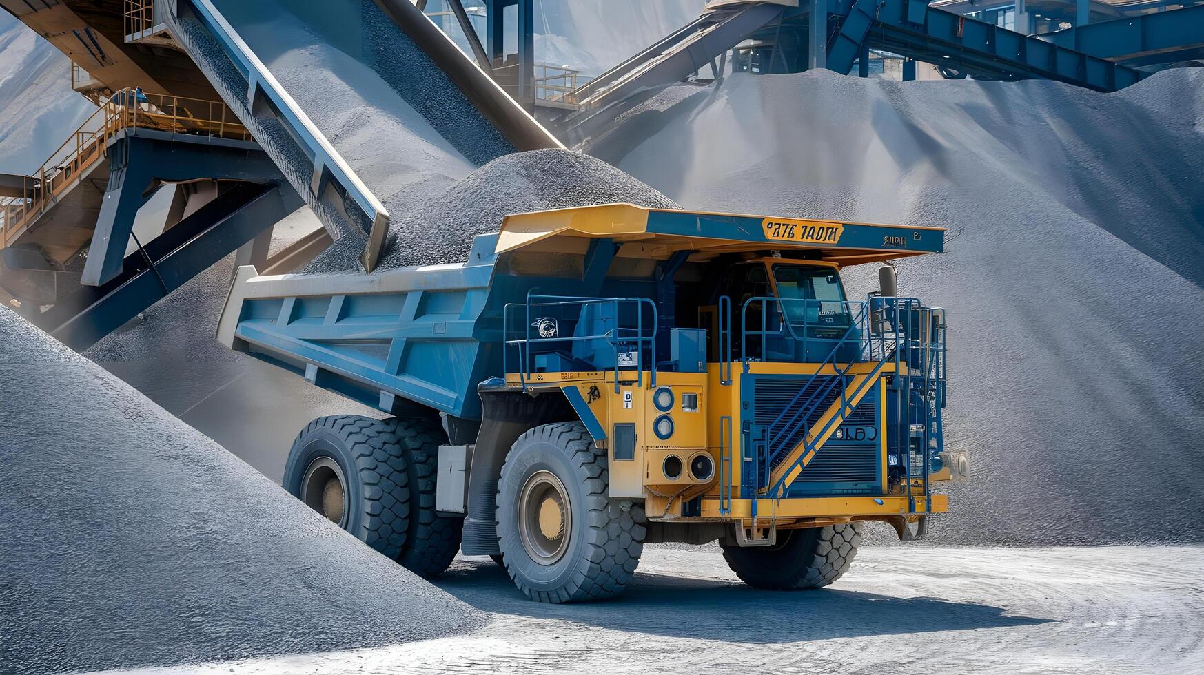 A dump truck is driving through a pile of sand photo