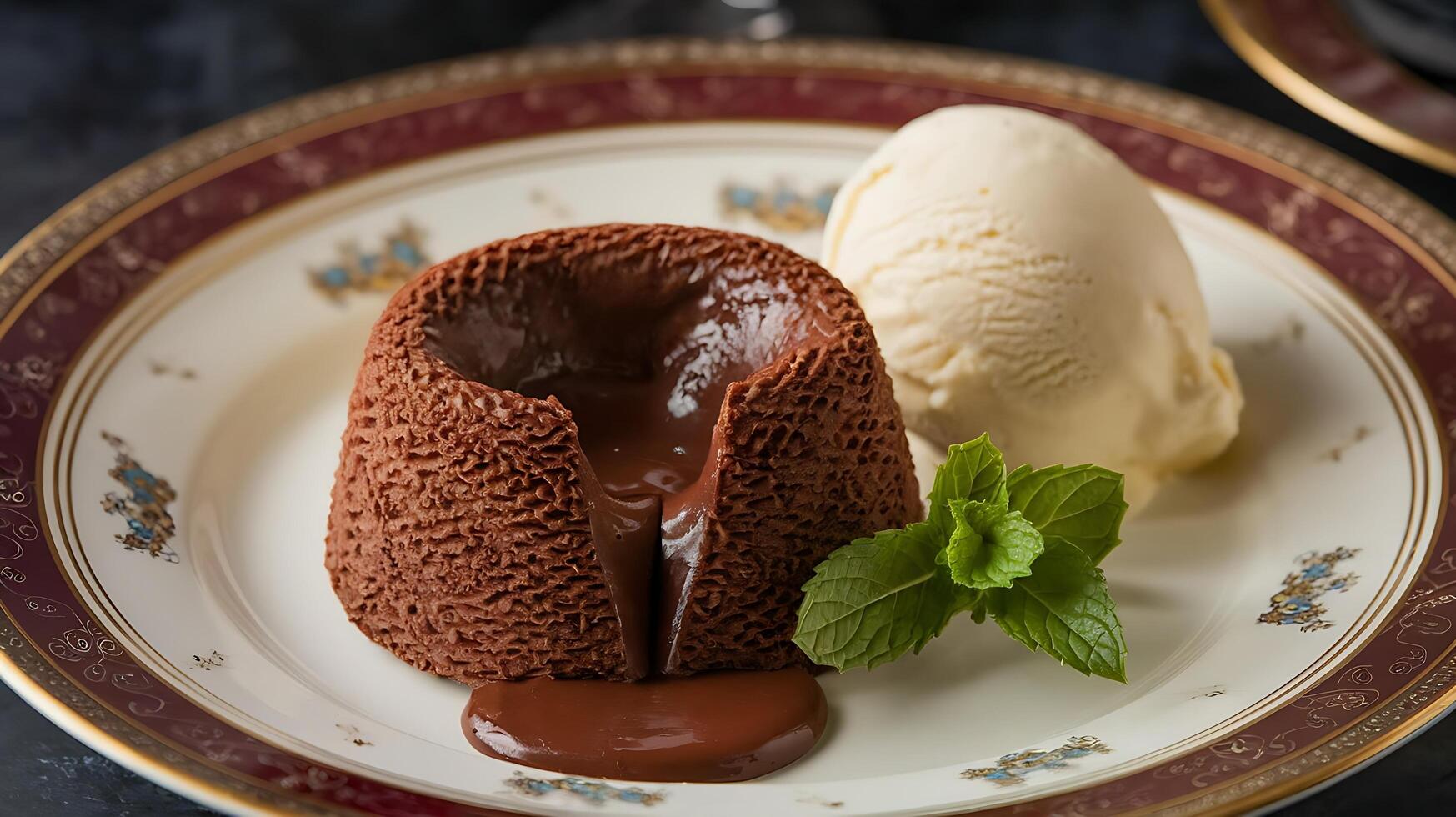 A chocolate pudding with ice cream and mint leaves photo
