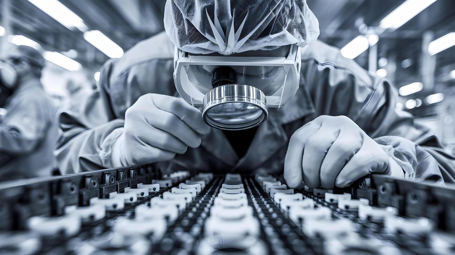 A worker in a lab coat is looking at a computer photo