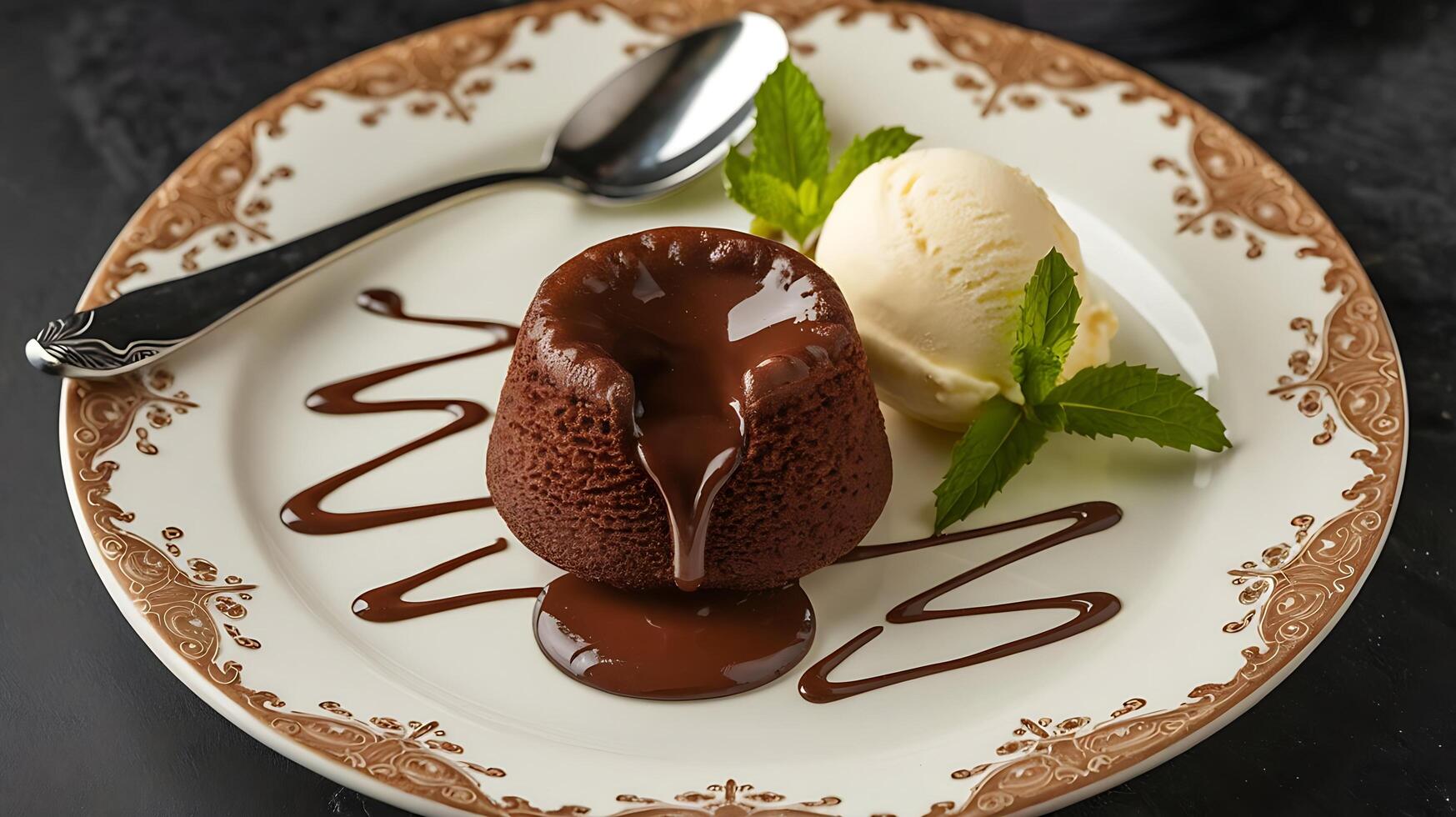 A dessert with chocolate sauce and ice cream photo