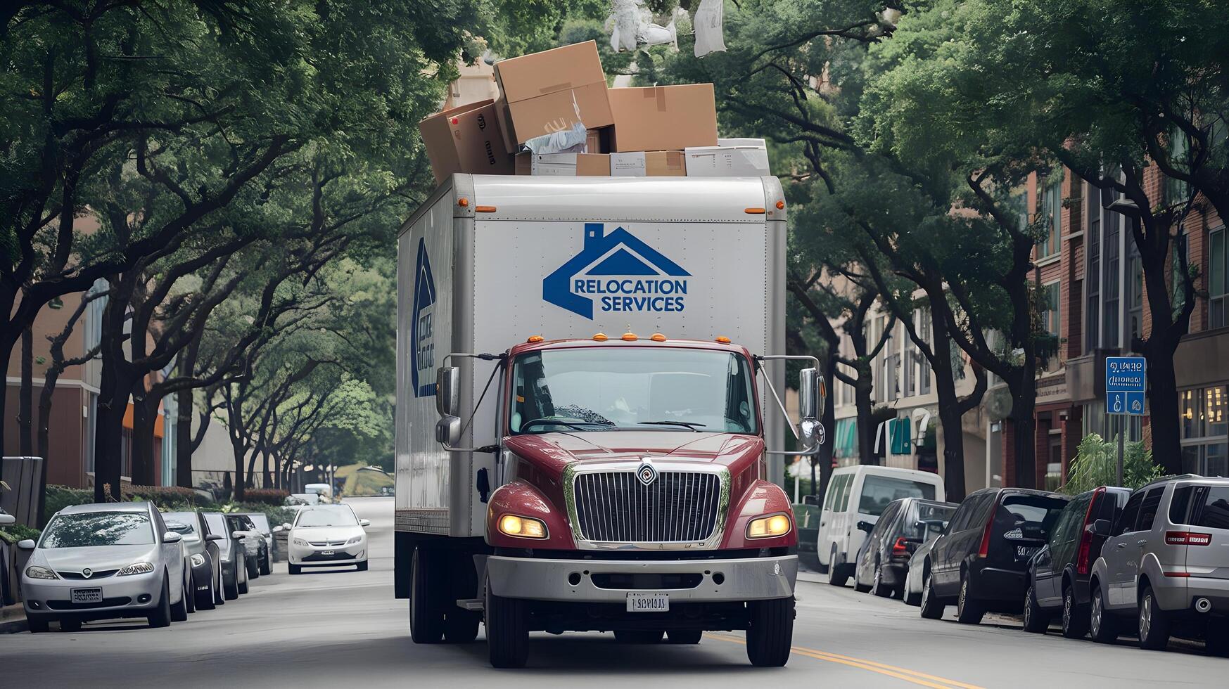 A moving truck driving down a city street with boxes on the back photo