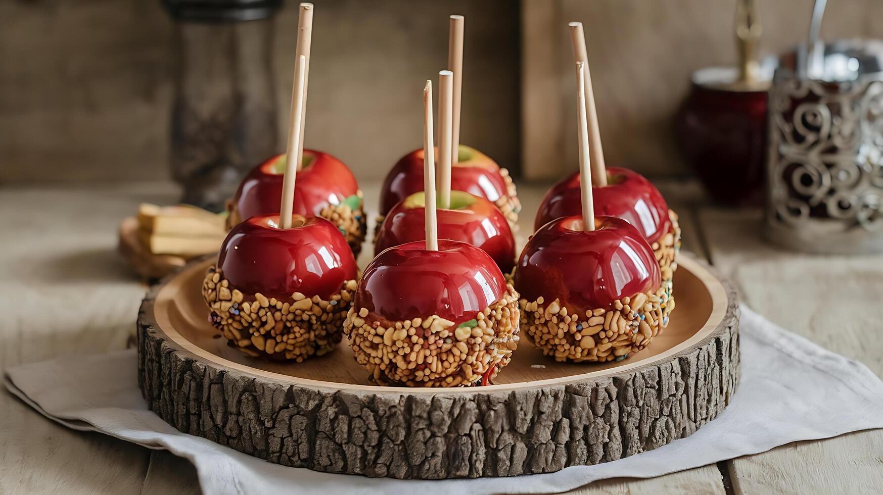 Caramel apples with nuts and seeds photo