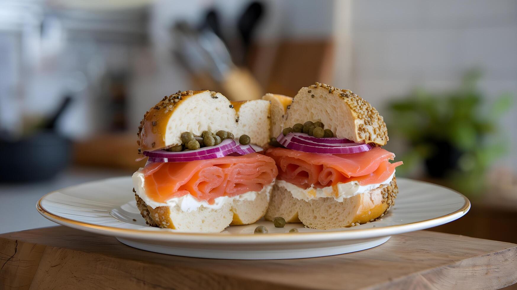 A bagel with salmon, cream cheese and onions photo