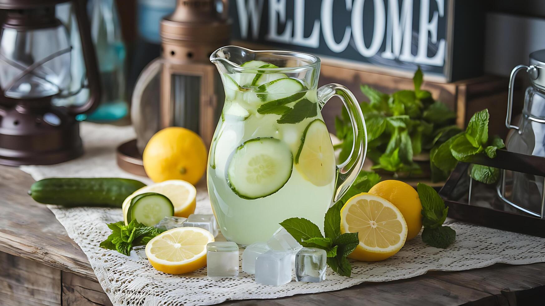 A pitcher of lemonade with cucumbers and lemons photo