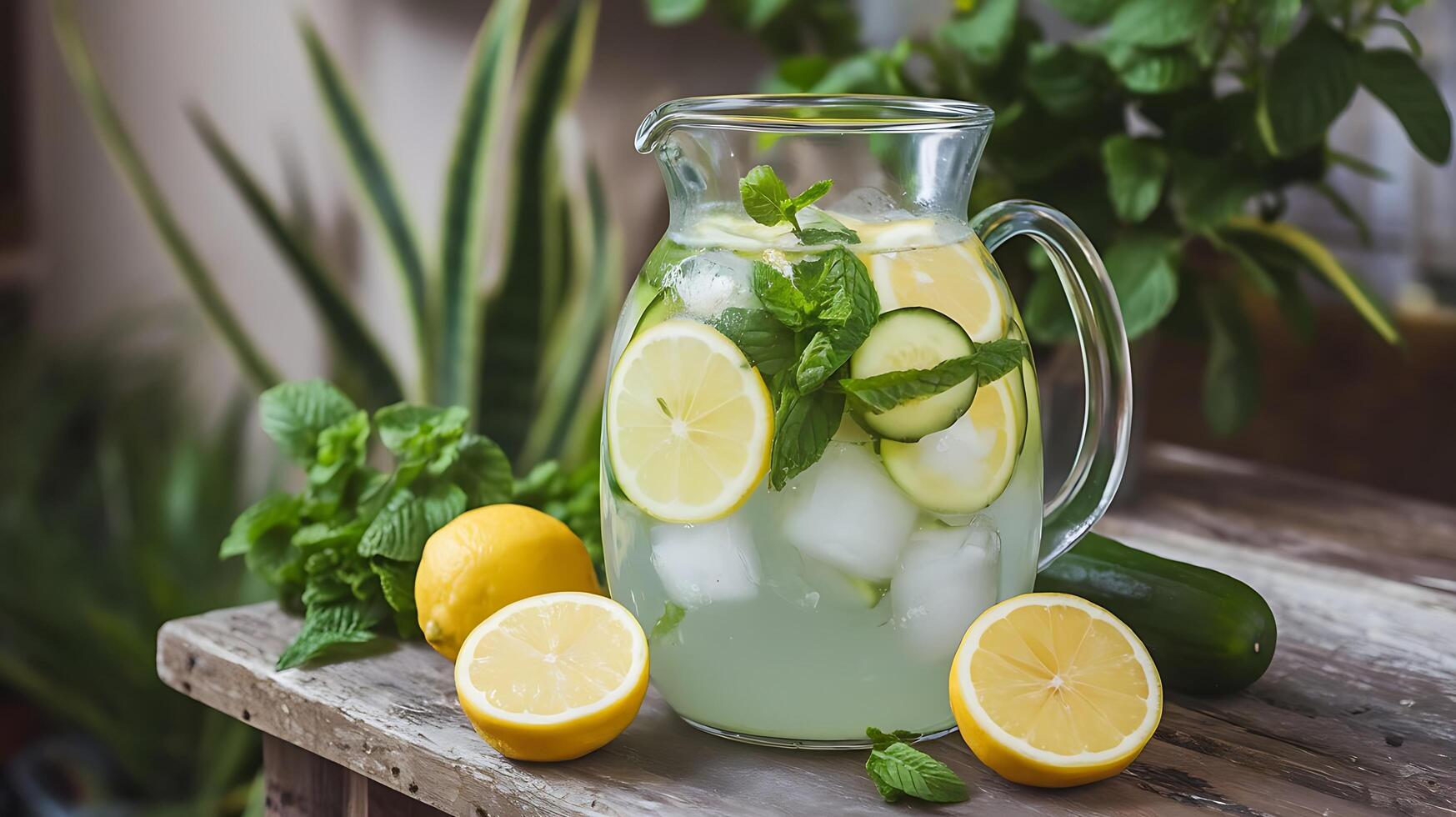 A pitcher of lemonade with mint leaves and lemons photo