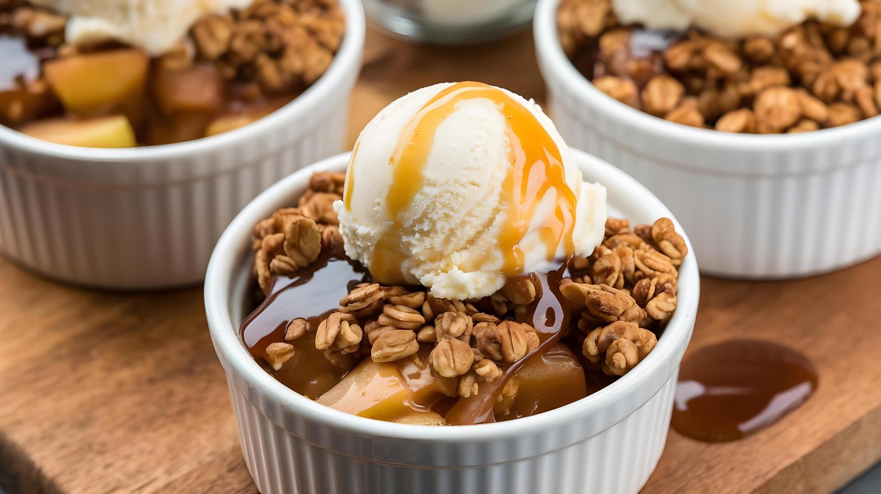 Apple crisp with ice cream and caramel sauce photo