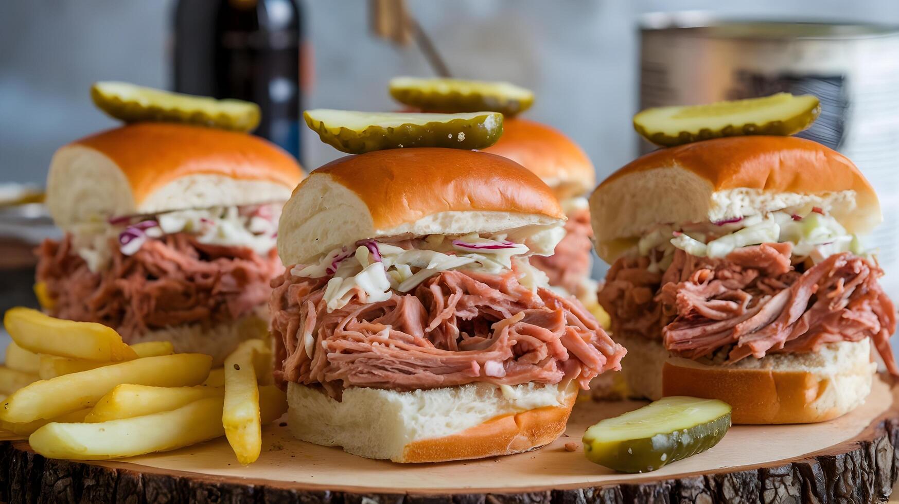 Three pulled pork sandwiches on a wooden board with fries photo