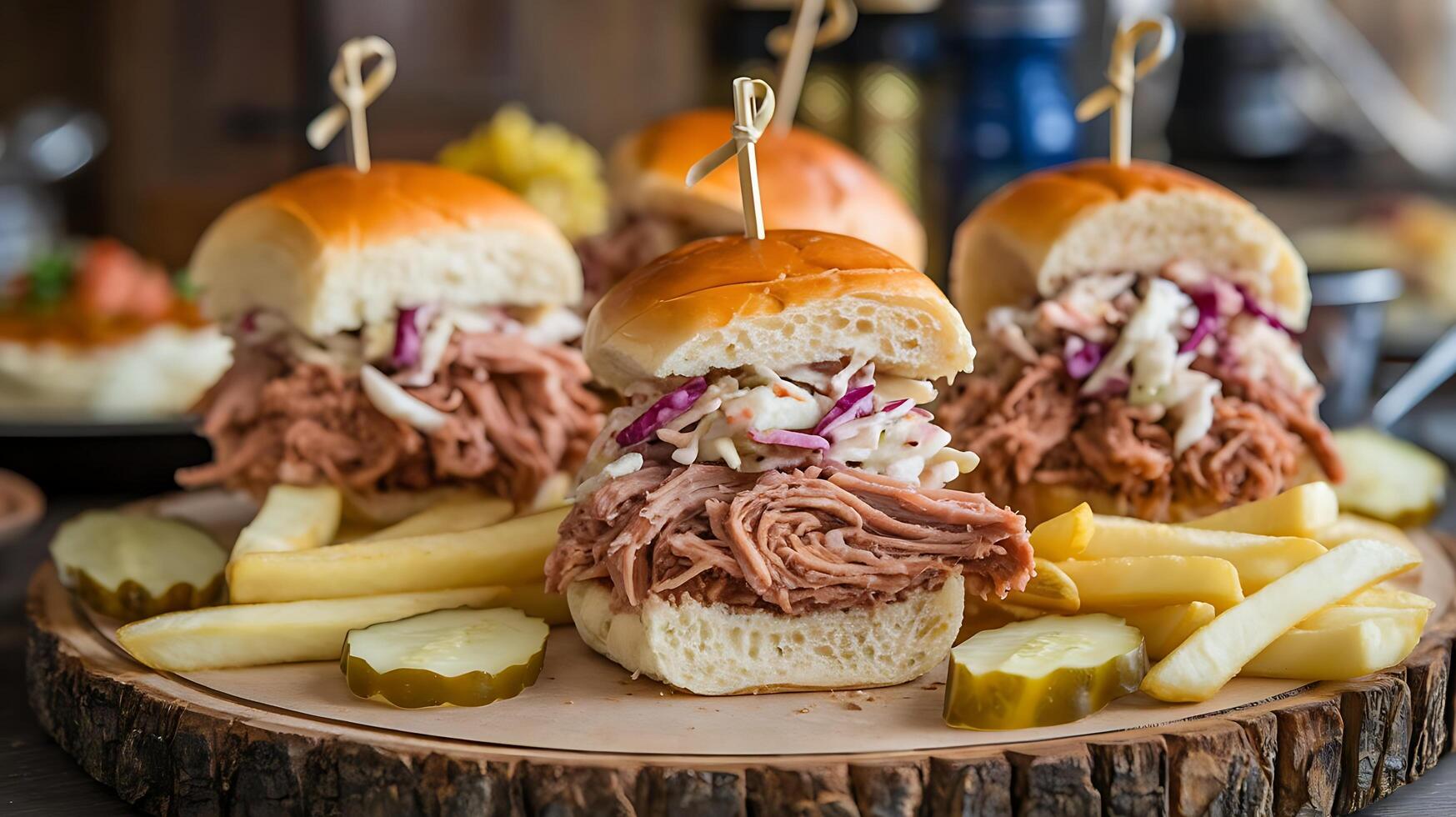 Pulled pork sliders with coleslaw and fries photo