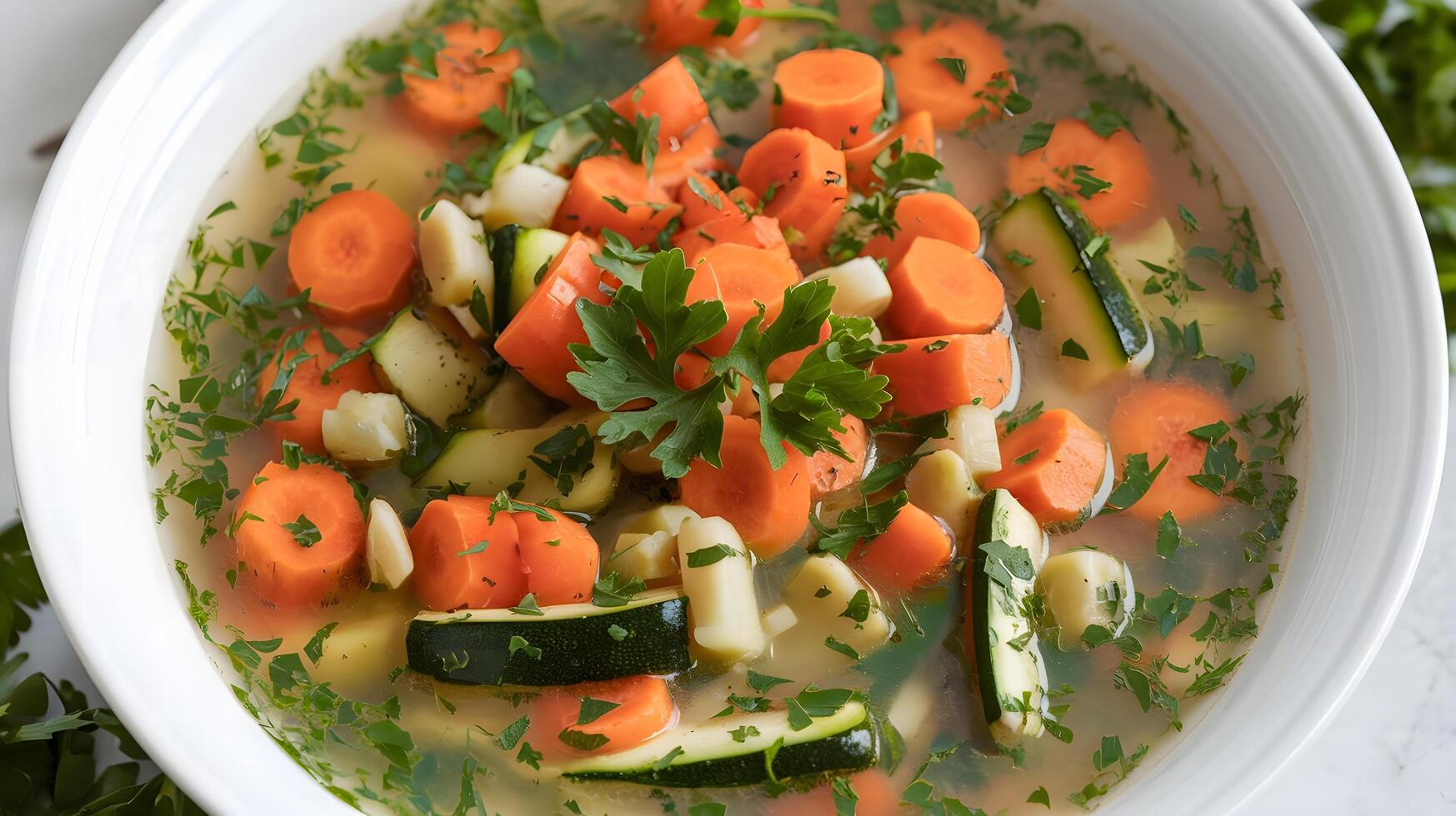 A bowl of soup with carrots, zucchini and parsley photo
