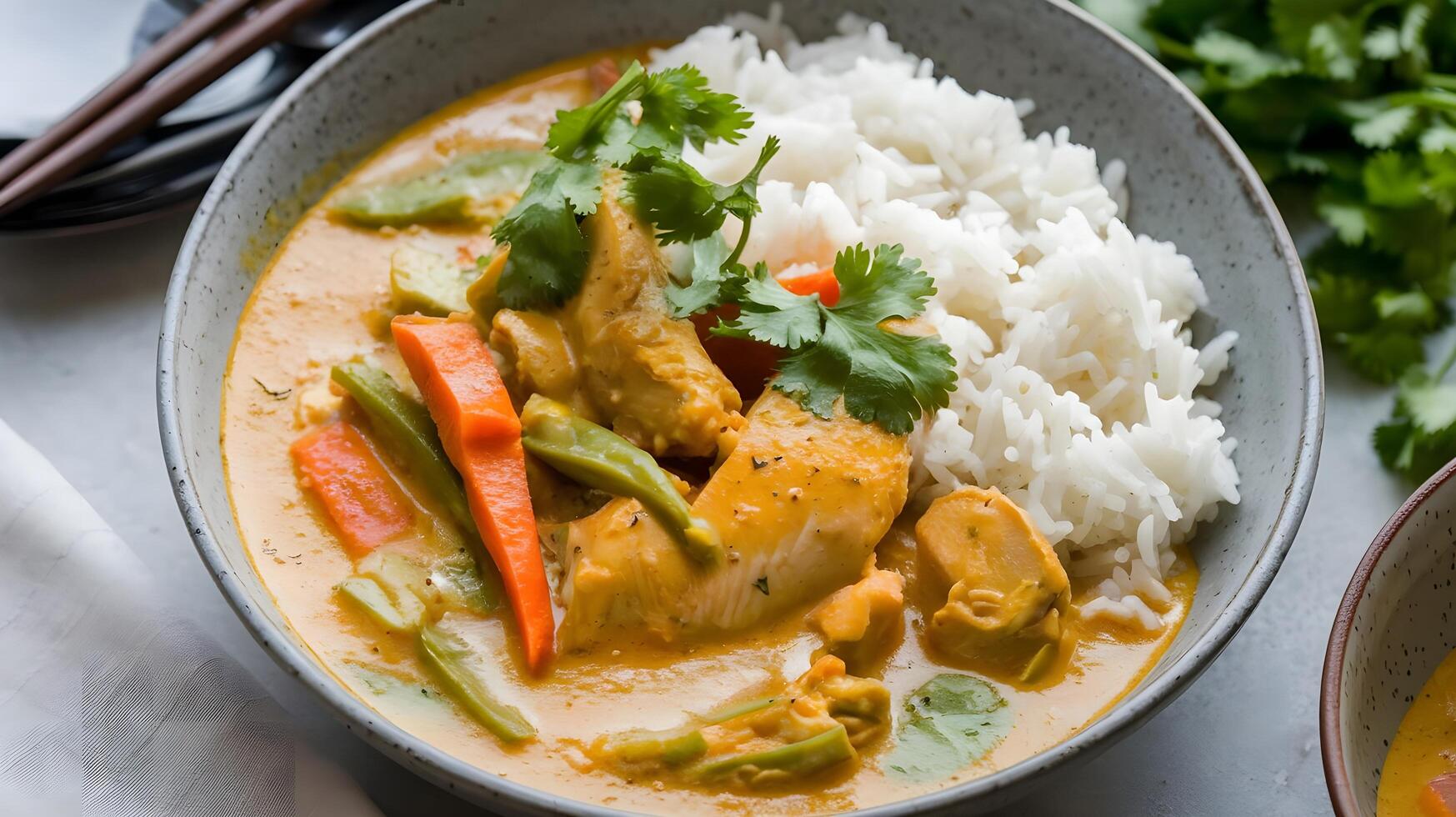 Thai chicken curry with rice photo