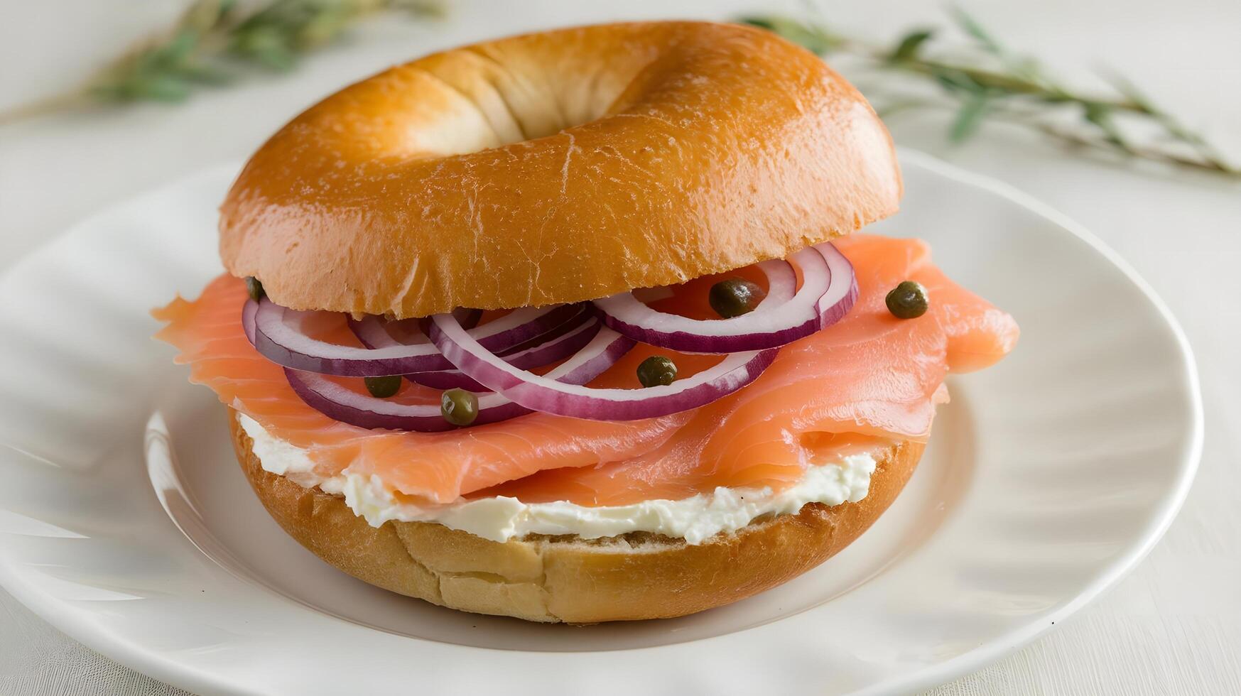 A bagel with onions and salmon on it photo