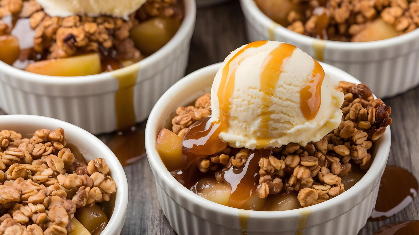 Apple crisp with caramel sauce and ice cream photo
