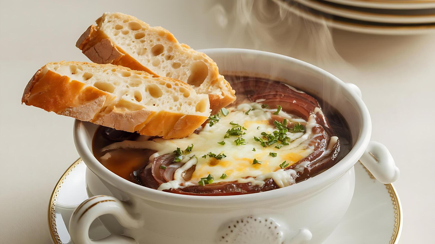 A bowl of soup with bread and cheese photo